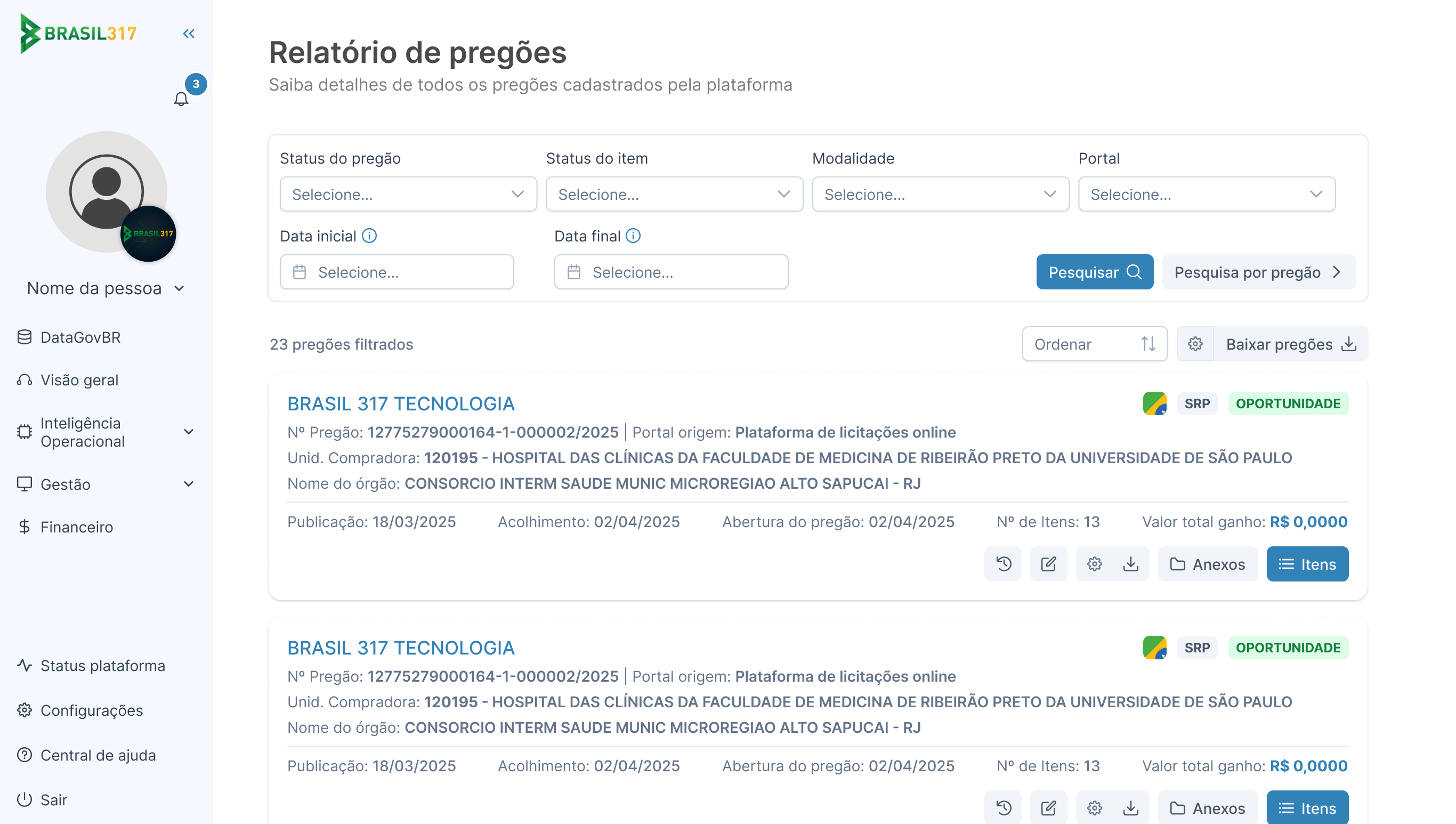 imagem do módulo de relatórios dentro da plataforma de licitações