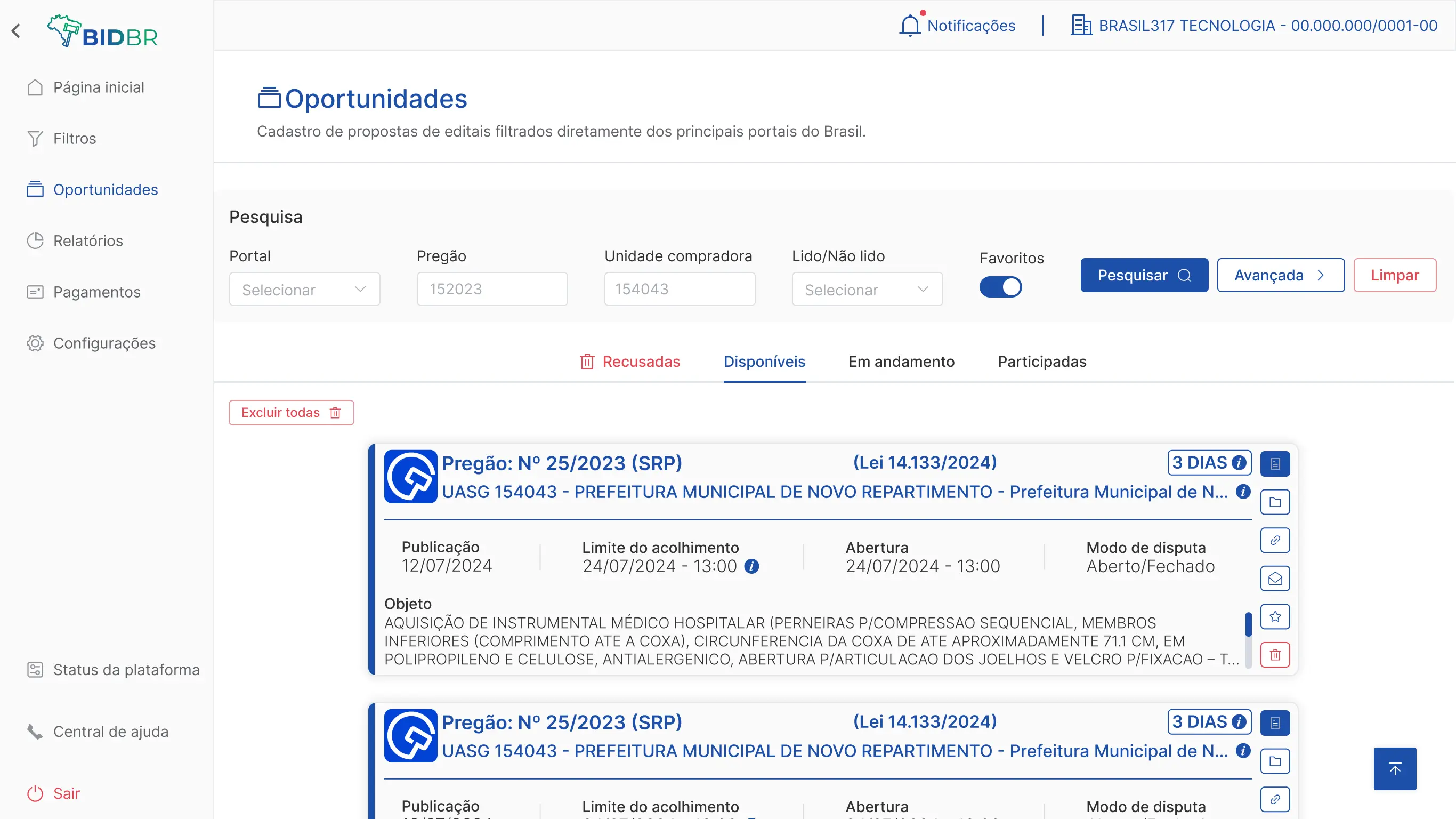 print do módulo de oportunidades do BIDBR