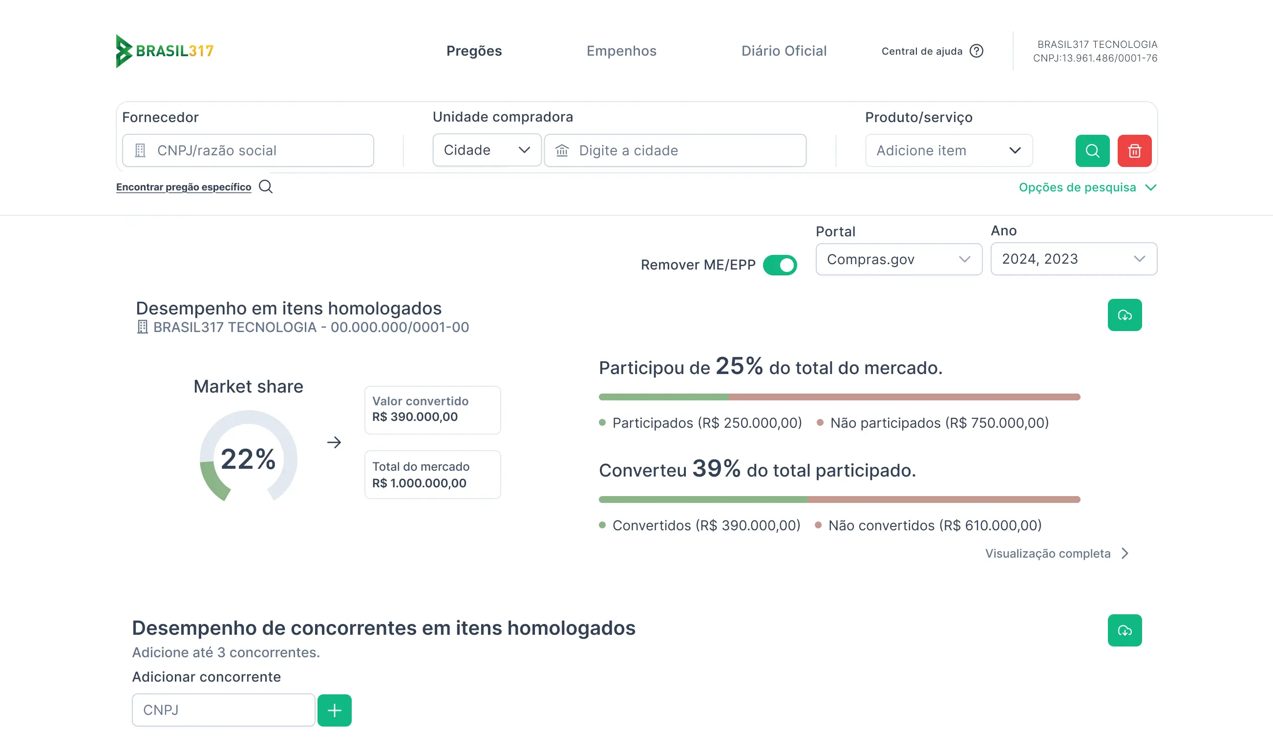 print do módulo de relatórios da plataforma de licitações