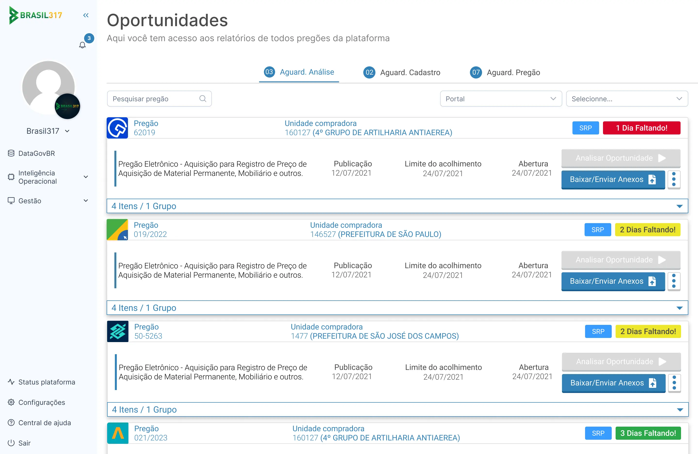 print do módulo de relatórios da plataforma de licitações